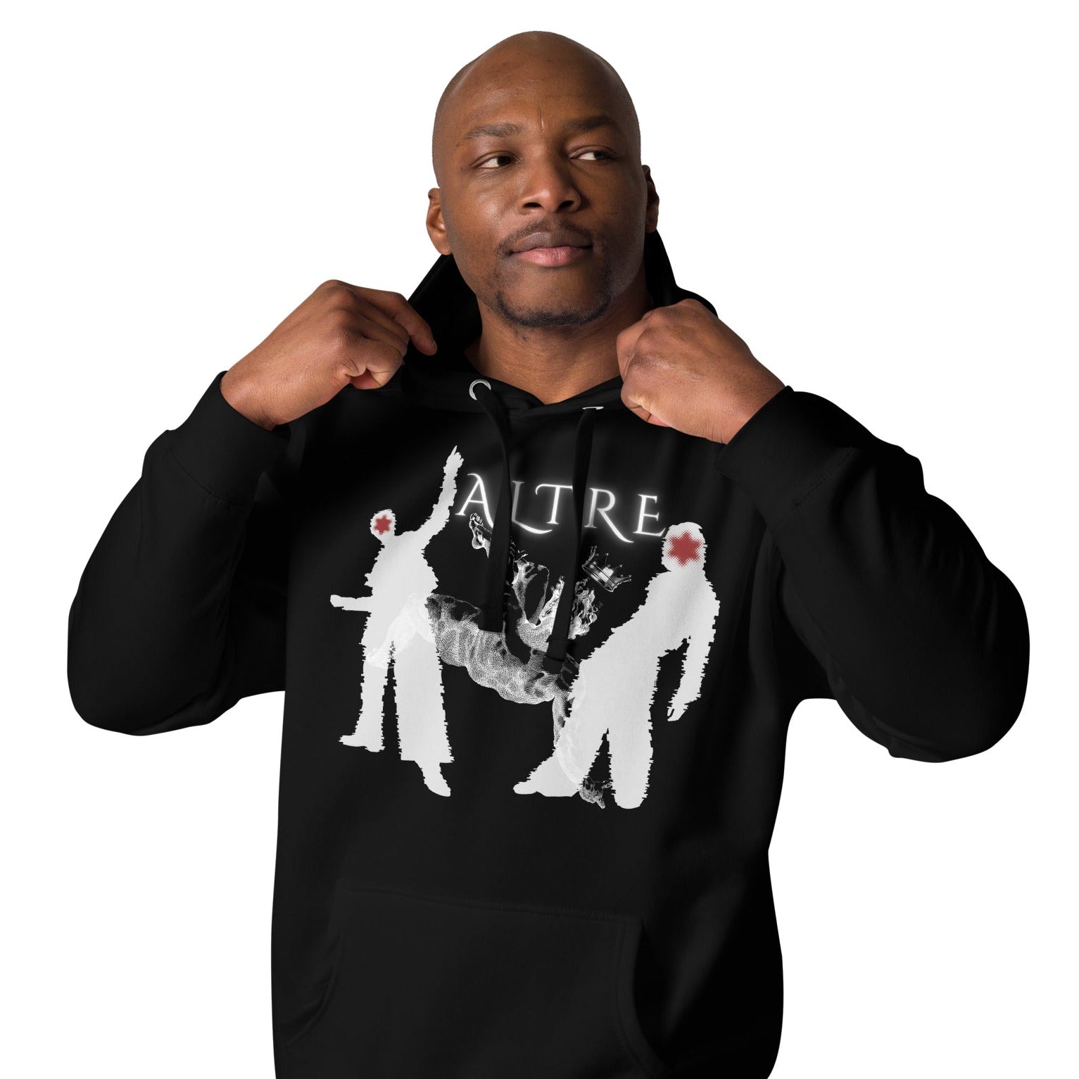Person wearing a black hoodie with graphic design on a white background